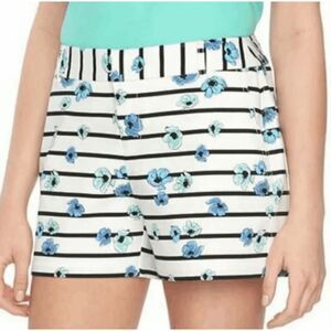 NWT ELLE White Black Blue Floral Striped Mid Waist Cotton Shorts 4" Inseam Women